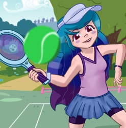 Size: 1456x1473 | Tagged: safe, artist:lizardicot, imported from derpibooru, izzy moonbow, human, ball, blushing, bracelet, bush, clothes, cloud, compression shorts, female, g5, grass, hat, holding, humanized, izzy's tennis ball, jewelry, looking at you, open mouth, skirt, sky, solo, tanktop, tennis ball, tennis racket, tree