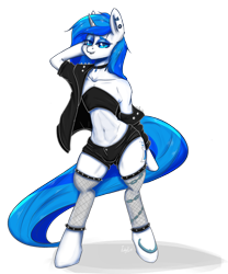 Size: 2491x2989 | Tagged: safe, artist:inky_mitts, artist:inkypuso, imported from derpibooru, oc, oc only, oc:mind, anthro, pony, semi-anthro, unicorn, bipedal, choker, clothes, commission, cutie mark, fishnets, jacket, makeup, piercing, punk, shorts, solo, spikes, tattoo