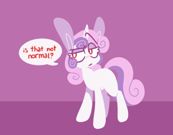 Size: 1474x1156 | Tagged: safe, artist:connorbal, artist:glowfangs, imported from derpibooru, sweetie belle, pony, unicorn, mentally advanced series, long ears, purple background, red eyes, simple background, solo, speech bubble, thrackerzod, white pupils