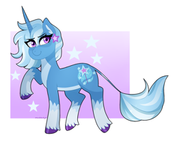 Size: 2856x2400 | Tagged: safe, artist:emera33, imported from derpibooru, trixie, classical unicorn, pony, unicorn, cloven hooves, coat markings, colored hooves, ear piercing, earring, female, jewelry, leonine tail, looking at you, mare, pale belly, piercing, raised hoof, redesign, simple background, smiling, socks (coat marking), socks (coat markings), solo, unshorn fetlocks