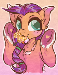 Size: 540x699 | Tagged: safe, artist:marselina-n19h, imported from derpibooru, sunny starscout, earth pony, pony, blushing, candy, female, food, g5, heart eyes, jewelry, lollipop, mare, necklace, signature, simple background, solo, underhoof, wingding eyes