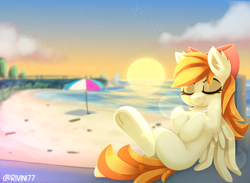 Size: 3000x2200 | Tagged: safe, artist:rivin177, imported from derpibooru, oc, oc:deliambre, pegasus, pony, beach, bow, cloud, coast, commission, dusk, eyes closed, hair bow, nap, rest, sand, sea pear, sleeping, solo, sun, sunset, umbrella