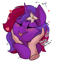 Size: 2226x2457 | Tagged: safe, alternate version, artist:beardie, imported from derpibooru, part of a set, oc, oc:violet rose ze vampony, alicorn, bat pony, bat pony alicorn, human, alternate character, bat wings, beardies scritching ponies, blushing, commission, cute, disembodied hand, eyes closed, hand, happy, heart, horn, petting, tongue out, wings, ych result
