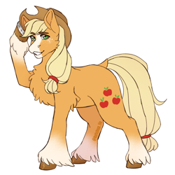 Size: 3000x3000 | Tagged: safe, artist:rdstartie, imported from derpibooru, applejack, earth pony, pony, alternate design, applejack's hat, blaze (coat marking), cheek fluff, chest fluff, coat markings, cowboy hat, eyebrows, eyebrows visible through hair, facial markings, female, freckles, hat, hat tip, mare, raised hoof, redesign, simple background, snip (coat marking), socks (coat markings), solo, unshorn fetlocks