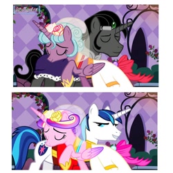 Size: 1080x1080 | Tagged: safe, artist:luna.queex, edit, edited screencap, idw, imported from derpibooru, screencap, king sombra, princess cadance, radiant hope, shining armor, alicorn, pony, unicorn, a canterlot wedding, alicornified, clothes, dress, eyelashes, eyes closed, female, flower, flower in hair, good king sombra, grin, hoof shoes, hopebra, horn, indoors, male, mare, peytral, race swap, raised hoof, shiningcadance, shipping, smiling, stallion, straight, wedding dress, wings