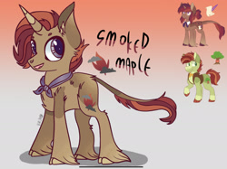 Size: 2231x1668 | Tagged: safe, artist:caramelbolt24, imported from derpibooru, oc, oc only, oc:spoked maple, oc:velvet quill, oc:æthelwood, classical unicorn, pony, unicorn, abstract background, clothes, cloven hooves, ear fluff, horn, leonine tail, male, offspring, open mouth, parent:oc:velvet quill, parent:oc:æthelwood, parents:oc x oc, raised hoof, scarf, signature, smiling, stallion, unicorn oc, unshorn fetlocks