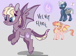 Size: 2253x1668 | Tagged: safe, artist:caramelbolt24, imported from derpibooru, oc, oc only, oc:baron silverwind, oc:flamehearth, oc:velvet flare, dracony, dragon, hybrid, pegasus, pony, ear fluff, feathered fetlocks, female, flying, gradient background, interspecies offspring, mare, offspring, parent:oc:baron silverwind, parent:oc:flamehearth, parents:oc x oc, pegasus oc, scar, signature, wings