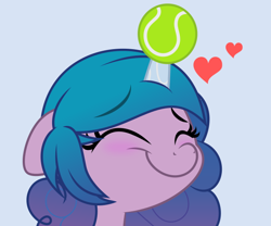 Size: 624x520 | Tagged: safe, artist:jhayarr23, imported from derpibooru, izzy moonbow, pony, unicorn, ball, blushing, bust, cute, eyes closed, female, floppy ears, g5, heart, horn, horn guard, horn impalement, hornball, izzy's tennis ball, izzybetes, mare, portrait, simple background, smiling, solo, tennis ball, tennis balls