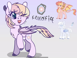 Size: 2205x1668 | Tagged: safe, artist:caramelbolt24, imported from derpibooru, oc, oc only, oc:flamehearth, oc:freezefire, oc:snowveil, bat pony, dracony, dragon, hybrid, pony, :d, bat pony oc, bat wings, cloven hooves, colored hooves, ear fluff, female, gray background, interspecies offspring, magical lesbian spawn, mare, offspring, one eye closed, open mouth, parent:oc:flamehearth, parent:oc:snowveil, parents:oc x oc, raised hoof, signature, simple background, wings, wink