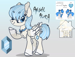 Size: 2198x1668 | Tagged: safe, artist:caramelbolt24, imported from derpibooru, oc, oc only, oc:angel aura, pegasus, pony, abstract background, bow, bowtie, chest fluff, clothes, ear fluff, hair bow, magical lesbian spawn, offspring, parents:oc x oc, pegasus oc, raised hoof, scarf, signature, unshorn fetlocks, wings
