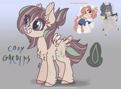 Size: 2255x1668 | Tagged: safe, artist:caramelbolt24, imported from derpibooru, oc, oc only, oc:cozy gardens, pegasus, pony, abstract background, chest fluff, clothes, colored hooves, ear fluff, eye clipping through hair, grin, offspring, parents:oc x oc, pegasus oc, signature, smiling, two toned wings, wings