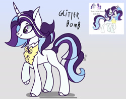 Size: 2107x1668 | Tagged: safe, artist:caramelbolt24, imported from derpibooru, rarity, starlight glimmer, oc, oc:glitter bomb, pony, unicorn, abstract background, chest fluff, cloven hooves, horn, magical lesbian spawn, offspring, parent:rarity, parent:starlight glimmer, parents:starity, raised hoof, signature, smiling, unicorn oc