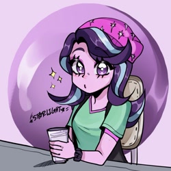 Size: 1197x1197 | Tagged: safe, artist:parappaya, imported from derpibooru, starlight glimmer, human, equestria girls, spoiler:eqg specials, beanie, chair, coffee cup, cup, cute, eyebrows, eyebrows visible through hair, eyeshadow, female, glimmerbetes, hat, indoors, looking at you, makeup, multicolored hair, purple eyeshadow, purple skin, sitting, solo, watch, wristwatch