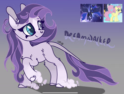 Size: 2209x1668 | Tagged: safe, artist:caramelbolt24, imported from derpibooru, fluttershy, princess luna, oc, oc:dreamwalker, alicorn, pegasus, pony, abstract background, ear fluff, female, hoof fluff, leonine tail, looking back, magical lesbian spawn, mare, offspring, parent:fluttershy, parent:princess luna, parents:lunashy, raised hoof, screencap reference, signature, wings