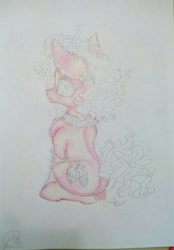 Size: 711x1024 | Tagged: safe, alternate version, artist:maryhoovesfield, imported from derpibooru, oc, oc only, earth pony, pony, chest fluff, earth pony oc, partial color, sitting, solo, traditional art