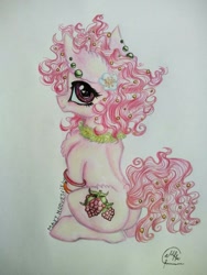 Size: 768x1024 | Tagged: safe, alternate version, artist:maryhoovesfield, imported from derpibooru, oc, oc only, earth pony, pony, chest fluff, earth pony oc, flower, flower in hair, signature, sitting, solo, traditional art