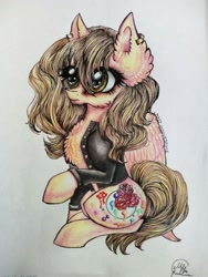 Size: 768x1024 | Tagged: safe, artist:maryhoovesfield, imported from derpibooru, oc, oc only, pegasus, pony, chest fluff, clothes, ear fluff, ear piercing, earring, eyelashes, jacket, jewelry, pegasus oc, piercing, raised hoof, signature, sitting, solo, traditional art, wings