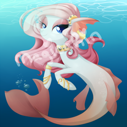 Size: 600x600 | Tagged: safe, artist:magicarin, imported from derpibooru, oc, oc only, merpony, seapony (g4), blue eyes, bubble, colored pupils, crepuscular rays, dorsal fin, eyelashes, female, fish tail, flowing mane, flowing tail, lidded eyes, looking at you, ocean, signature, smiling, solo, sunlight, swimming, tail, underwater, water, watermark