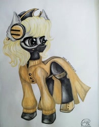 Size: 799x1024 | Tagged: safe, artist:maryhoovesfield, imported from derpibooru, oc, oc only, earth pony, pony, boots, clothes, coat, earmuffs, earth pony oc, face mask, hat, latex, latex boots, looking back, mask, shoes, signature, solo, traditional art