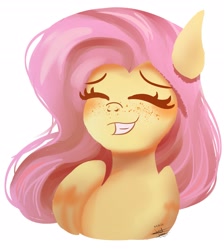 Size: 1831x2040 | Tagged: safe, artist:scarlett-letter, imported from derpibooru, fluttershy, pegasus, pony, bust, eyes closed, female, folded wings, freckles, freckleshy, grin, mare, portrait, simple background, smiling, solo, speedpaint available, three quarter view, white background, wings