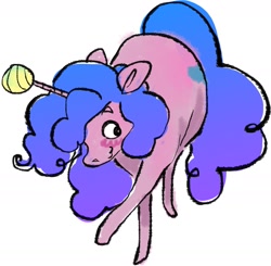 Size: 1769x1731 | Tagged: safe, artist:peppar, artist:tamagaytchi, imported from derpibooru, izzy moonbow, pony, unicorn, ball, blushing, female, g5, horn, horn guard, horn impalement, hornball, izzy's tennis ball, mare, simple background, solo, tennis ball, white background