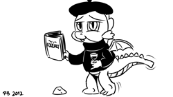 Size: 1200x675 | Tagged: safe, artist:pony-berserker, imported from derpibooru, part of a set, spike, dragon, alcohol, beatnik, beret, book, disguise, hat, looking at you, solo, wine