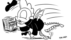 Size: 1200x675 | Tagged: safe, artist:pony-berserker, imported from derpibooru, part of a set, spike, dragon, alcohol, beatnik, beret, book, hat, looking at you, male, monochrome, pony-berserker's twitter sketches, rock, solo, tongue out, tripping, wine