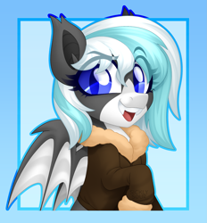 Size: 1907x2058 | Tagged: safe, artist:sickly-sour, imported from derpibooru, imported from ponybooru, oc, oc only, oc:snowcap, bat pony, pony, bat pony oc, bat wings, clothes, coat, ear fluff, ears, fangs, markings, raised hoof, raised leg, solo, spread wings, wings