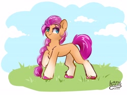 Size: 4000x3000 | Tagged: safe, artist:lazybread, artist:lbread28, imported from derpibooru, sunny starscout, earth pony, pony, chest fluff, cloud, coat markings, female, g5, grass, high res, looking at you, mare, missing cutie mark, raised hoof, signature, sky, smiling, socks (coat markings), solo, unshorn fetlocks