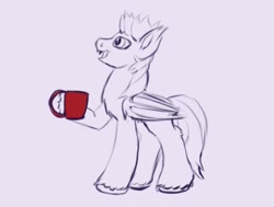 Size: 619x468 | Tagged: safe, artist:redquoz, artist:twomakesaparty, imported from derpibooru, oc, oc only, oc:devin, bat pony, pony, bat pony oc, bat wings, cup, cute, digital art, happy, holding, looking up, mug, red, simple background, sketch, smiling, solo, white background, wings