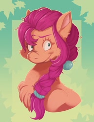 Size: 732x950 | Tagged: safe, artist:nickelsspider, imported from derpibooru, sunny starscout, earth pony, pony, abstract background, braid, bust, cheek fluff, chest fluff, ear fluff, female, g5, mare, portrait, smiling, solo