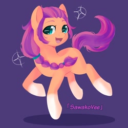 Size: 2000x2000 | Tagged: safe, artist:sawakovee, imported from derpibooru, sunny starscout, earth pony, pony, braid, cute, female, g5, high res, looking at you, mare, open mouth, purple background, simple background, solo, sparkles, sunnybetes, text