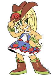Size: 860x1190 | Tagged: safe, artist:mirabuncupcakes15, imported from derpibooru, applejack, equestria girls, equestria girls (movie), applejack's hat, bare shoulders, boots, clothes, cowboy boots, cowboy hat, dress, fall formal outfits, female, freckles, grin, hat, scarf, shoes, simple background, sleeveless, smiling, solo, strapless, white background, wristband