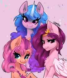 Size: 1759x2048 | Tagged: safe, artist:siripim111, imported from derpibooru, izzy moonbow, pipp petals, sunny starscout, earth pony, pegasus, pony, unicorn, :3, adorapipp, braid, chest fluff, cute, ear fluff, female, g5, izzybetes, lidded eyes, looking at you, mare, pink background, pipp, raised hoof, signature, simple background, smiling, sparkles, sunnybetes