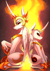 Size: 2480x3508 | Tagged: safe, artist:underpable, imported from derpibooru, daybreaker, oc, oc only, oc:dawnstar, alicorn, pony, alicorn oc, armor, back to back, commission, cutie mark, duo, high res, horn, jewelry, not daybreaker, regalia, sitting, wings