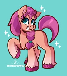 Size: 1811x2048 | Tagged: safe, artist:shyshyoctavia, imported from derpibooru, sunny starscout, earth pony, pony, blue background, braid, chest fluff, cute, ear fluff, female, g5, grin, mare, raised hoof, simple background, smiling, solo, sparkles, sunnybetes, teeth, text, unshorn fetlocks