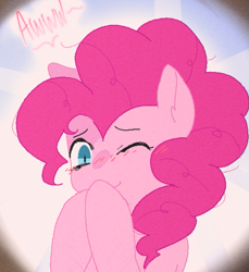 Size: 745x815 | Tagged: safe, artist:anonymous, imported from derpibooru, pinkie pie, earth pony, pony, awww, blushing, cropped, cute, grotesque source, hoof over mouth, laughing, one eye closed, solo