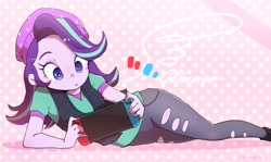 Size: 1430x855 | Tagged: safe, artist:nendo, imported from derpibooru, starlight glimmer, human, equestria girls, beanie, clothes, hat, lying down, nintendo switch, playing video games, solo