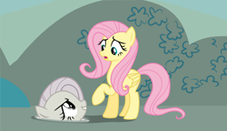 Size: 3214x1866 | Tagged: safe, artist:dash-o-salt, imported from derpibooru, fluttershy, pegasus, the return of harmony, confused, discorded, discorded fluttershy, evil grin, grin, hill, portal, raised hoof, smiling