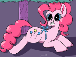 Size: 1600x1200 | Tagged: safe, artist:jomok0, imported from ponybooru, pinkie pie, bow, ear fluff, ears, heart eyes, laying on stomach, simple background, simple shading, tree, wingding eyes