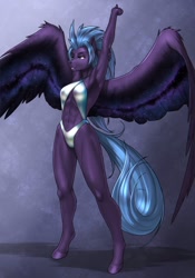 Size: 896x1280 | Tagged: safe, artist:mykegreywolf, imported from ponybooru, oc, oc only, oc:dracarna, anthro, pegasus, unguligrade anthro, abs, anthro oc, clothes, female, fit, mare, solo, spread wings, stretching, swimsuit, wings