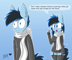 Size: 1201x1013 | Tagged: safe, artist:snuggleb4cuddle, imported from derpibooru, oc, anthro, pegasus, bandage, clothes, dialogue, female, gradient background, lingerie, male, scarf