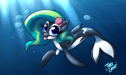 Size: 1280x757 | Tagged: safe, artist:tor1tor1, imported from derpibooru, oc, oc only, fish, merpony, orca, orca pony, original species, seapony (g4), blue eyes, bubble, commission, crepuscular rays, eyelashes, female, fins, fish tail, ocean, seashell, signature, smiling, solo, sunlight, swimming, tail, tongue out, underwater, water