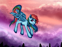 Size: 960x734 | Tagged: safe, artist:lelka-philka, imported from derpibooru, rainbow dash, pegasus, pony, bedroom eyes, cloud, female, flying, mare, solo, tree