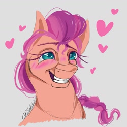 Size: 1575x1575 | Tagged: safe, artist:pixthemallow, imported from derpibooru, sunny starscout, earth pony, pony, blushing, braid, bust, eyelashes, female, g5, grin, heart, mare, portrait, simple background, smiling, solo, teeth