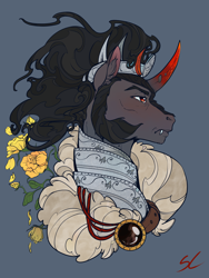 Size: 5906x7874 | Tagged: safe, artist:sourcherry, imported from derpibooru, king sombra, pony, unicorn, armor, colored horn, crown, curved horn, flower, horn, jewelry, regalia, sombra horn