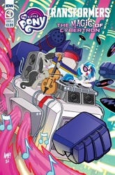 Size: 1349x2048 | Tagged: safe, artist:tonyfleecs, idw, imported from derpibooru, dj pon-3, octavia melody, vinyl scratch, earth pony, pony, robot, unicorn, spoiler:comic, spoiler:the magic of cybertron03, bow (instrument), cello, cover, cover art, female, idw publishing, mare, musical instrument, record, solo, soundwave, the magic of cybertron, transformers