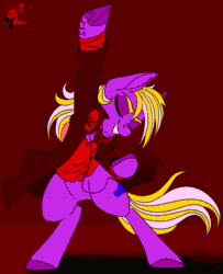 Size: 560x688 | Tagged: safe, artist:brainiac, editor:captainhoers, imported from derpibooru, oc, oc only, oc:sound check, earth pony, pony, animated, bipedal, bottomless, clothes, disco, featureless crotch, flashing, flashing lights, gif, headphones, male, partial nudity, seizure warning, solo, stallion