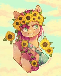 Size: 1097x1365 | Tagged: safe, artist:verymelancollie, imported from derpibooru, sunny starscout, earth pony, pony, badge, bag, blushing, bust, cloud, cute, female, flower, flower in hair, g5, mare, sky, smiling, solo, sunflower, sunnybetes, unshorn fetlocks