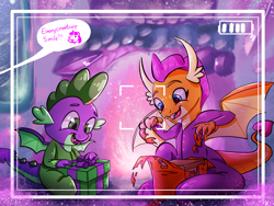 Size: 2000x1500 | Tagged: safe, artist:underdog234, imported from derpibooru, smolder, spike, twilight sparkle, dragon, blizzard, camera shot, christmas, clothes, cute, fangs, female, fireplace, footed sleeper, footie pajamas, gift giving, happy, hearth's warming eve, holiday, male, onesie, pajamas, smiling, smolderbetes, snow, snowfall, spikabetes, twiabetes, winged spike, wings